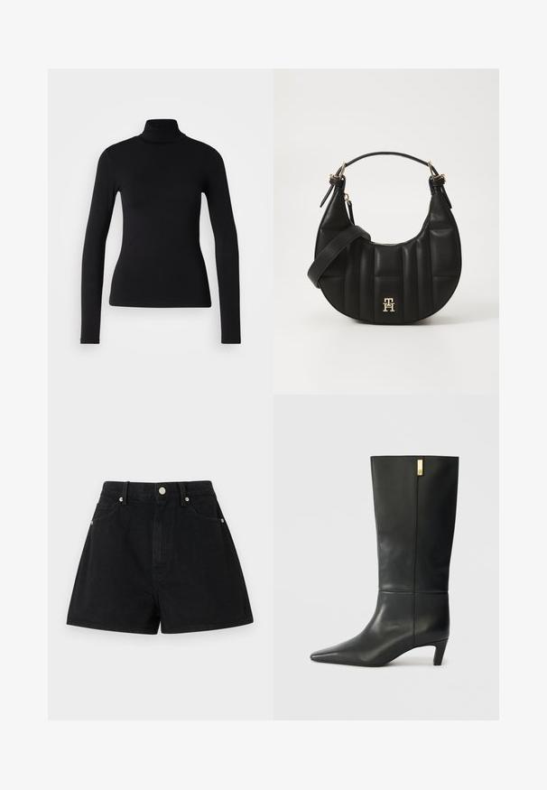 Black turtleneck shirt made from stretchy fabric. Features long sleeves, a fitted design, and a smooth texture with no patterns or embellishments.; Black denim shorts with a high waist, five pockets, silver hardware, and a standard fit, featuring a smooth texture and clean finishing.; Black leather knee-high boot with a pointed toe and a small heel. Features a sleek design with a gold accent detail. Smooth texture.; Black leather handbag with a curved shape, quilted texture, and gold hardware. Features a detachable shoulder strap and logo detail.