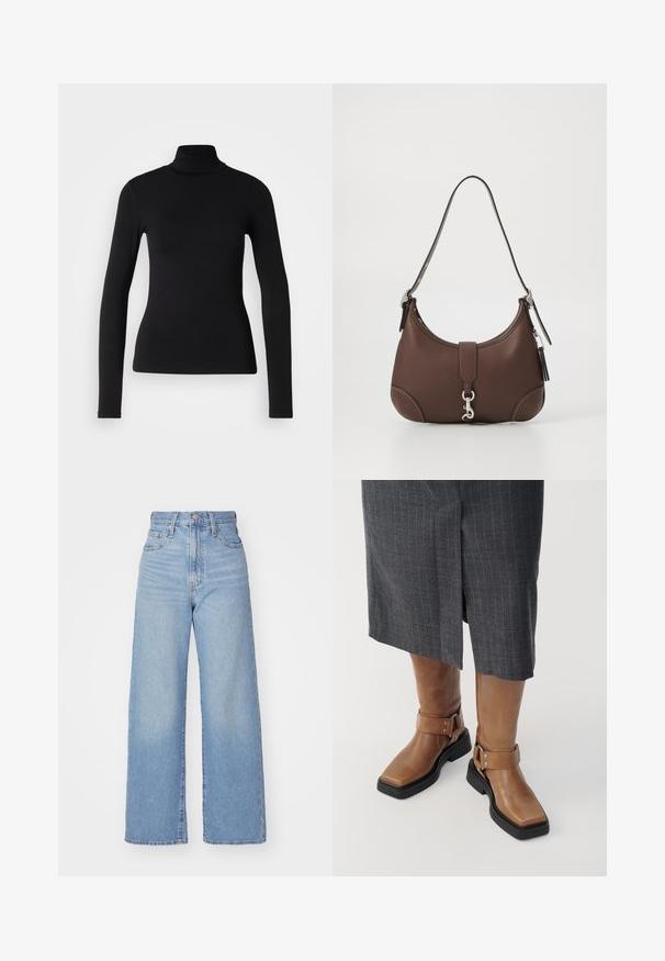 Svart polotröja i elastiskt tyg. Har långa ärmar, en åtsittande design och en slät yta utan mönster eller dekorationer.; Ljusblå högmidjade vida jeans med knapp- och dragkedjestängning, fram- och bakfickor, mot en vit bakgrund.; Bruna läderknästövlar med fyrkantig tå, svart gummisula och justerbar spänndetalj. Bärs med en grårutigt kjol.; Brun läderhandväska med rundad form, silverfärgad hårdvara och dekorativ sömnad. Har en axelrem och spänne.