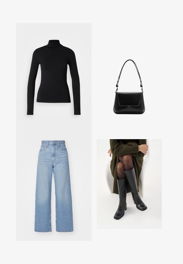 Sort turtleneck skjorte lavet af strækbart stof. Den har lange ærmer, en tætsiddende pasform og en glat tekstur uden mønstre eller dekorationer.; Lyseblå højtaljede bukser med bred benåbning, med frontknap og lynlås, samt for- og baglommer, på en hvid baggrund.; Knæhøje sorte læder støvler med firkantet tå og blokhæl, vist med en model siddende i en olivengrøn frakke. Glat tekstur, minimal detaljer.; Mango Håndtasker - black