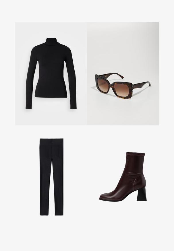 Schwarzes Rollkragen-Shirt aus dehnbarem Stoff. Verfügt über lange Ärmel, ein figurbetontes Design und eine glatte Textur ohne Muster oder Verzierungen.; Schwarze Leggings aus dehnbarem Material; mit glatter Textur, ganzlänglichem Design und elastischem Bund ohne sichtbare Nähte.; Stradivarius BLOCK - Stiefelette - dark red; Braune Schildpatt-Sonnenbrille mit großen, quadratischen Gläsern. Sanfter brauner Verlauf, glattes Kunststoffgestell, akzentuiert mit kleinen, metallischen Nieten.; Braune Leder-Handtasche mit strukturiertem Design. Sie verfügt über einen Frontklappenverschluss, zwei Tragegriffe, einen abnehmbaren Schultergurt und einen floralen Schal, der an einer Seite gebunden ist.; Schwarze Lederhandschuhe mit drei verschiedenen Fingerbereichen und einem Daumenbereich, ausgestattet mit elastischen Bündchen für eine enge Passform. Glatte Textur.