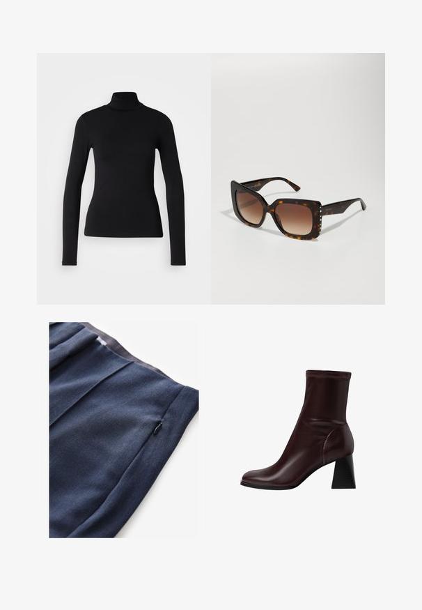 Čierny rolák vyrobený z elastickej látky. Má dlhé rukávy, priliehavý strih a hladkú textúru bez vzorov alebo ozdôb.; Námornícke modré nohavice s textúrovanou tkaninou, so bočnou vreckou na zips a skladaným detailom na páse.; Stradivarius BLOCK - Klasické členkové čižmy - dark red; Hnedé korytnačie slnečné okuliare s veľkými, štvorecovými šošovkami. Postupný hnedý odtieň, hladký plastový rám, zvýraznený malými kovovými nitmi.; Čierna kožená kabelka so štvorcovým vzorom a zlatými prvkami, okrúhlymi hornými uchami a odnímateľným ramenným popruhom. Hladký povrch s pevnou štruktúrou.