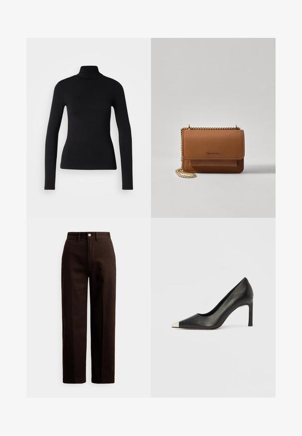 Maglione a collo alto nero realizzato in tessuto elasticizzato. Presenta maniche lunghe, un design aderente e una superficie liscia senza motivi o decorazioni.; Pantaloni marrone scuro a gamba dritta con chiusura a bottone e cerniera, passanti per cintura e tasche frontali su sfondo bianco.; Scarpa con tacco alto in pelle nera con punta affilata e cappuccio metallico argento. Presenta una finitura liscia e un tacco sottile di 10 cm.; Borsa a tracolla in pelle marrone con texture, dotata di catena dorata e chiusura a pattina. Sul davanti presenta un dettaglio con logo e una tasca sotto la pattina.