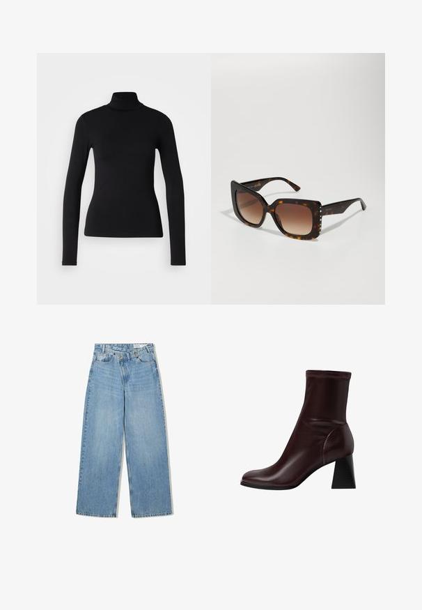 Sort turtleneck skjorte lavet af strækbart stof. Den har lange ærmer, en tætsiddende pasform og en glat tekstur uden mønstre eller dekorationer.; Lyseblå vide denimjeans med høj talje, fem lommer, knaplukning og diskret falmning for tekstur.; Stradivarius BLOCK - Støvletter - dark red; Brune skildpaddesolbriller med store, firkantede linser. Gradueret brun tint, glat plastikramme, prydet med små metalnitter.; Sorte ternede læderhåndtaske med guldhardware, runde top-håndtag og aftagelig skulderrem. Glat tekstur med en struktureret form.
