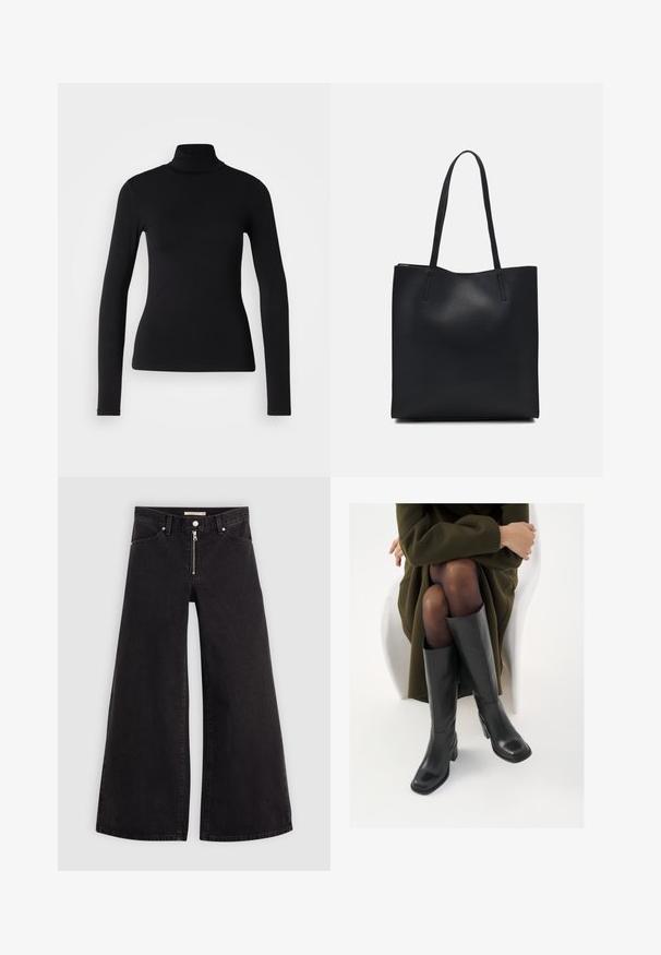 Must have musta särk, mis on valmistatud venivast kangast. Omab pikki varrukaid, sobivat disaini ja sileda tekstuuri, ilma mustrite või kaunistusteta.; Laiad teksad mustast denimist, millel on lukuga eesmine osa, viie taskuga disain ja peened õmblusdetailid. Sile tekstuur ja juhuslik stiil.; Knee-high mustad nahast saapad nelinurkse varbaga ja plokilise kontsaga, esitatud mudeli kõrval, kes istub oliivirohelises mantlis. Sujuv tekstuur, minimaalne detailide arv.; Mustast nahast kott sujuva tekstuuriga, ristkülikukujuline ja kahe pika sangaga. Pole nähtavat riistvara ega kaunistusi.