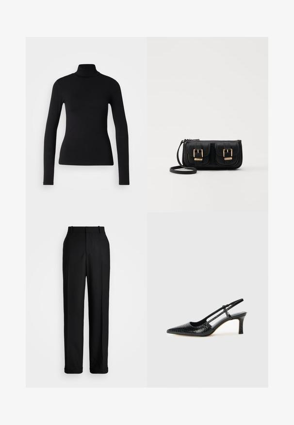 Schwarzes Rollkragen-Shirt aus dehnbarem Stoff. Verfügt über lange Ärmel, ein figurbetontes Design und eine glatte Textur ohne Muster oder Verzierungen.; Polo Ralph Lauren HIGH RISE RELAXED STRAIGHT TROUSER - Stoffhose - black; Schwarze Lack-Slingback-Pumps mit spitzem Zehenbereich, versehen mit strukturiertem Schlangenprint, verstellbarem Riemen und einem kurzen, strukturierten Blockabsatz.; Schwarze Leder-Umhängetasche mit zwei vorderen Taschen, goldenen Schnallen, Reißverschluss und einem schmalen Tragegurt. Texturierte Oberfläche und kompakte rechteckige Form.