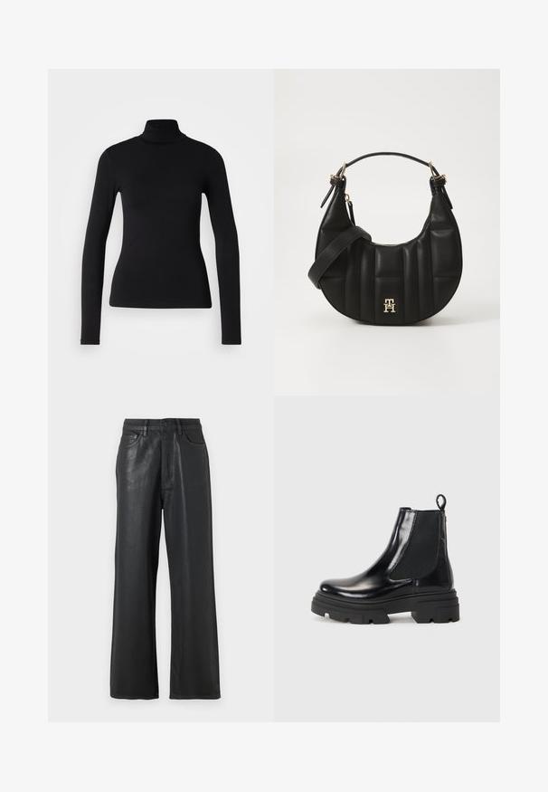 Musta poolikauluspaita, joka on valmistettu joustavasta kankaasta. Siinä on pitkät hihat, kireä muotoilu ja sileä pinta ilman kuvioita tai koristeita.; Mustat löysät housut, jotka on valmistettu kiiltävästä materiaalista. Ominaisuuksiin kuuluu nappisuljenta, vyölenkit ja etutaskut, joilla on sileä pinta.; Mustat nahkaiset nilkkurit, joissa on tyylikäs muotoilu, joustavat sivupaneelit ja paksu musta pohja. Takana on vetoketju, joka helpottaa pukemista.; Musta nahkalaukku, jossa on kaareva muoto, tikattu pinta ja kultaiset yksityiskohdat. Varustettu irrotettavalla olkahihnalla ja logopotkalla.