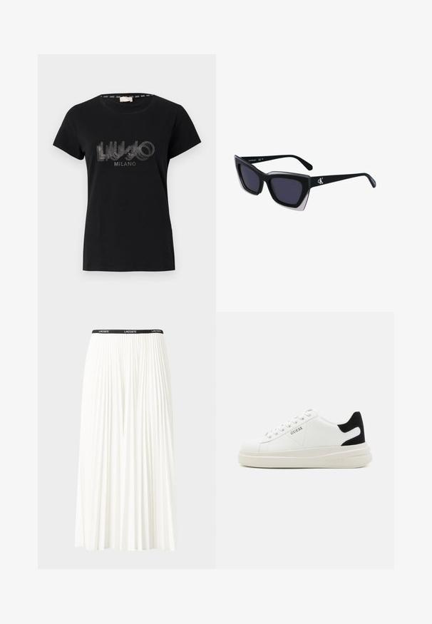 Black cotton t-shirt featuring short sleeves and a round neckline, embellished with a glittery logo design that reads "LIU.JO MILANO."; Pleated white skirt with a black elastic waistband featuring the "LACOSTE" logo. Mid-length design with soft texture.; White leather sneakers with a thick white sole, black suede heel accent, and embossed logo on the side. Laced design with six eyelets.; Black oversized sunglasses with a geometric shape, featuring dark lenses and a contrasting grey detail on the frame. Logo on the arm.