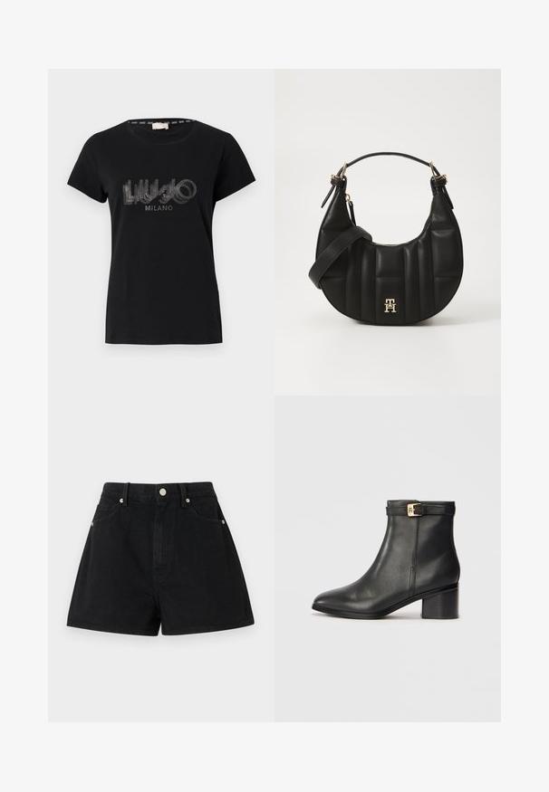 Black cotton t-shirt featuring short sleeves and a round neckline, embellished with a glittery logo design that reads "LIU.JO MILANO."; Black denim shorts with a high waist, five pockets, silver hardware, and a standard fit, featuring a smooth texture and clean finishing.; Black leather ankle boots with a smooth texture, rounded toe, and a gold-tone buckle accent on the ankle strap. Block heel design.; Black leather handbag with a curved shape, quilted texture, and gold hardware. Features a detachable shoulder strap and logo detail.