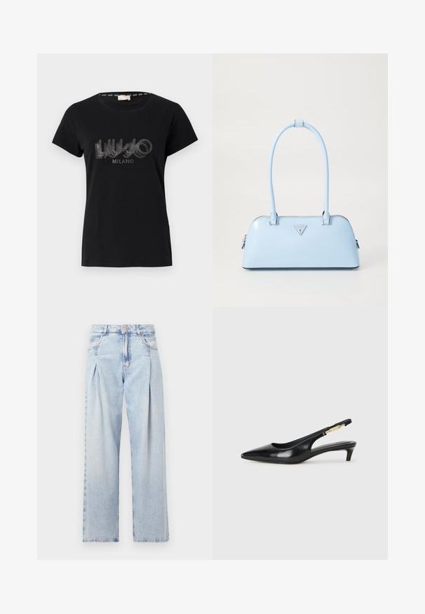Black cotton t-shirt featuring short sleeves and a round neckline, embellished with a glittery logo design that reads "LIU.JO MILANO."; Light blue denim jeans with a high waist, wide-leg cut, two side pockets, and pleated design feature. Soft texture with a faded finish.; Black leather slingback heels with a pointed toe, featuring a slim heel and a gold-tone accent on the adjustable strap. Smooth texture.; Light blue handbag with a structured shape, smooth leather material, two handles, and a triangular brand logo on the front. Zippered closure.