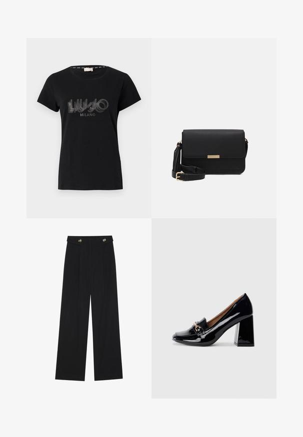 Schwarzes Baumwoll-T-Shirt mit kurzen Ärmeln und Rundhalsausschnitt, verziert mit einem glitzernden Logo-Design, das "LIU.JO MILANO" zeigt.; Schwarze weite Hosen mit hoher Taille, Knopfdetails am Bund und vorderen Falten.; Schwarzer Lackleder-Pumps mit spitzer Zehenform und Blockabsatz. Verfügt über einen dekorativen Riemen und eine Schnallendetail auf dem Vorderblatt.; Schwarze Leder-Crossbody-Tasche mit Klappenverschluss, goldenen Beschlägen, verstellbarem Tragegurt und strukturiertem Material. Kompakte, rechteckige Form.