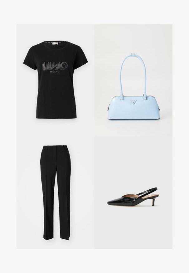 Schwarzes Baumwoll-T-Shirt mit kurzen Ärmeln und Rundhalsausschnitt, verziert mit einem glitzernden Logo-Design, das "LIU.JO MILANO" zeigt.; Schwarze, taillierte Hose mit geradem Bein, aus einem glatten Stoff und mit klaren Falten an der Vorderseite. Keine sichtbare Hardware.; Schwarze Lackleder Slingback-Pump mit spitzem Zehenbereich, kleinem Absatz und einem Ausschnittdesign auf dem Vorderteil. Hardware in Goldton als Akzent an der Seite.; Helle blaue Handtasche mit strukturierter Form, glattem Leder, zwei Griffen und einem dreieckigen Markenlogo auf der Vorderseite. Mit Reißverschluss.