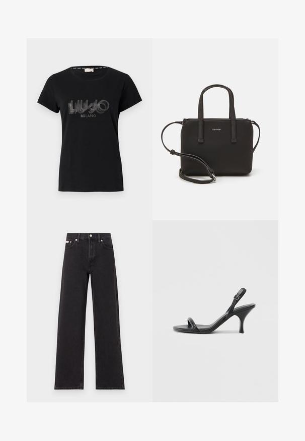 Black cotton t-shirt featuring short sleeves and a round neckline, embellished with a glittery logo design that reads "LIU.JO MILANO."; Black wide-leg jeans made of denim, featuring a high-rise waist, five-pocket styling, and a metal button closure with contrasting stitching.; Black leather high-heeled sandals with a slim, curved heel and a crossed strap design. Adjustable ankle strap. Smooth texture.; Black handbag with dual short handles and a removable shoulder strap. Smooth leather-like material with a zip closure and logo detail.