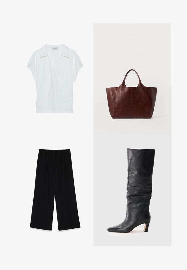 Weiß-kragenbluse mit Wickeldesign aus glatter Stoffqualität, ausgestattet mit kurzen Ärmeln und gerafften Details an der Taille für einen lässigen Sitz.; Schwarze weit geschnittene Hose aus glattem Stoff, mit Falten an der Vorderseite, mittelhohem Bund und ohne sichtbare Verschlüsse oder Verzierungen.; Schwarze Lederstiefelette mit Absatz bis zur Mitte der Wade, leicht schlaffem Schaft und spitzem Fuß auf hellem Hintergrund.; Braune Leder-Umhängetasche mit glatter Textur, breitem Korpus und zwei kurzen Griffen. Verfügt über minimale Nähte, keine sichtbaren Beschläge oder Akzente.