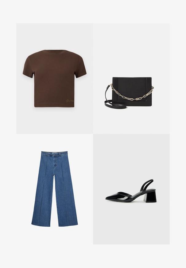 Braunes, kurzes T-Shirt aus weicher Baumwolle mit kurzen Ärmeln und Rundhalsausschnitt. Mit dezentem, goldfarbenem "Guess"-Logo am unteren Rand.; Weite Jeans aus Denim in Mittelblau, mit hoher Taille, Knopfverschluss und kontrastierenden vertikalen Nahtdetails an der Vorderseite.; Schwarze Lackleder-Slingback-High Heels mit spitzem Schuh und einem geometrischen Blockabsatz. Verfügt über ein schlankes, minimalistisches Design und eine glatte Textur.; Schwarze Leder-Crossbody-Tasche mit glatter Textur, rechteckiger Form und metallic-kettendetail auf der Vorderseite. Verstellbarer Gurt inklusive.