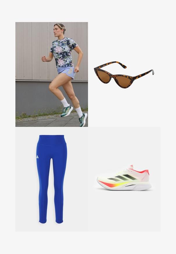 adidas Performance - Koszulka sportowa; Niebieskie legginsy sportowe z wysokim stanem, wykonane z elastycznego materiału, z białym logo na lewym biodrze i dyskretnymi mankietami.; Buty do biegania z lekką białą cholewką z siateczki, czarnymi paskami, neonowymi żółtymi akcentami, różowym obcasem i zakrzywioną białą podeszwą.; Okulary przeciwsłoneczne w kształcie kocich oczu z czarno-pomarańczową oprawą w deseń żółwia, brązowymi soczewkami i eleganckimi, spiczastymi końcówkami. Posiadają minimalistyczne logo na zauszniku.