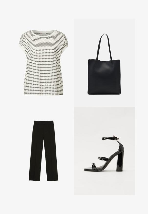 Hvid kortærmet top med sorte vandrette striber, som har en rund halsudskæring og en afslappet pasform. Blød tekstur med synlige sømme.; Sorte brede bukser lavet af et glat stof, med en tætsiddende talje og subtile frontfolder for ekstra tekstur.; Sorte patenterede hælsandaler med firkantet tå, ankelremme og sølvspænder. Har en chunky blokHæl for stabilitet.; Sort læder tote taske med glat tekstur, rektangulær form og to lange hanke. Ingen synlig hardware eller udsmykninger.
