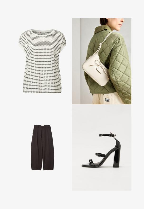 Hvid kortærmet top med sorte vandrette striber, som har en rund halsudskæring og en afslappet pasform. Blød tekstur med synlige sømme.; Sorte brede bukser lavet af et glat stof, med høj talje, forfaldne folder og sidelommer. Simpelt design uden udsmykninger.; Sorte patenterede hælsandaler med firkantet tå, ankelremme og sølvspænder. Har en chunky blokHæl for stabilitet.; Beige læder crossover taske med en sløjfe detalje, guldbeslag og en enkelt justerbar skulderrem, båret over en grøn quiltet jakke.