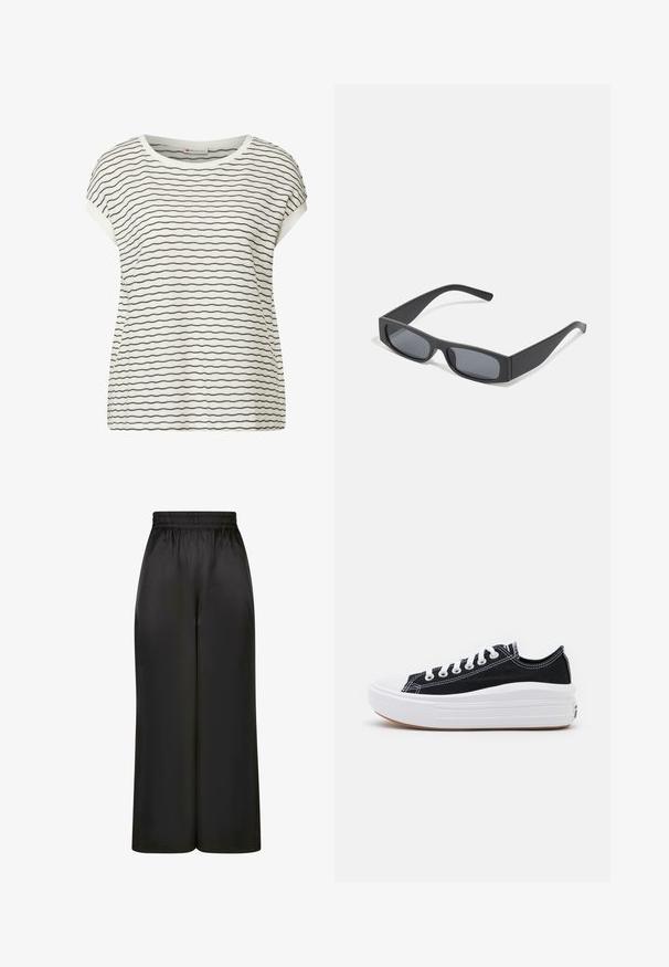 Bílé tričko s krátkým rukávem a černými horizontálními pruhy, s kulatým výstřihem a volným střihem. Měkká textura s viditelným stehem.; Černé široké kalhoty vyrobené z hladké, lesklé látky, s elastickým pasem bez viditelných kapes nebo kovových detailů.; Černé plátěné tenisky s bílými tkaničkami, bílým gumovým špičkovým krytem a masivní bílou střední podrážkou. Mají jemné bílé švy a gumovou podešev.; Černé obdélníkové sluneční brýle s tmavými skly a tlustými matnými rámy. Stranice jsou mírně zúžené s hladkým povrchem.