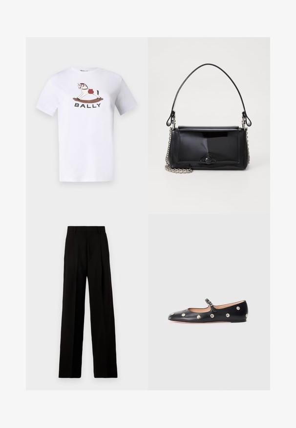 Bally BAD - T-shirts print - white; Sort vide bukser lavet af glat stof, med høj talje, pressefolder foran og et rent, skræddersyet design uden udsmykninger.; Sorte læder Mary Jane flad sko med en rund tå, udstyret med sølvfarvede runde nitter og en justerbar rem med spænde.; Sort patenteret læder håndtaske med rektangulær form, kædestrop, og et særpræget hardwaredetalje i midten. Glat tekstur.