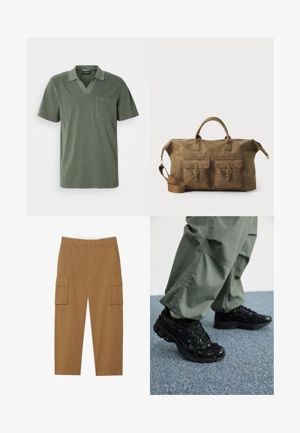 Olivově zelená polokošile s krátkým rukávem, V-výstřihem, kapsičkou na hrudi a měkkou bavlněnou texturou. Minimalistický design s čistými liniemi.; Hnědé cargo kalhoty s dvěma bočními kapsami, plochým předním dílem a rovný střihem nohavic. Vyrobené z odolného materiálu s hladkou texturou.; Černé sportovní tenisky s lesklou a síťovou texturou, s silnou podrážkou a tkaničkami, spárované s volnými olivově zelenými cargo kalhotami.; Hnědá kožená cestovní taška s dvěma předními kapsami, nastavitelným ramenním popruhem, zlatými kovovými prvky a pevnými horními uchy. Hladký povrch.
