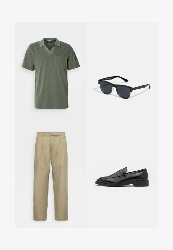 Oliven grønn kortermet polo-skjorte med V-hals, brystlomme og en myk bomullstekstur. Minimalistisk design med rene linjer.; Beige, høytlivs bukser med rett snitt, med flat front, sidelommer og et jevnt, strukturert stoff.; Sorte skinnloafers med en glatt overflate, med rund tå og en smal band over vristen. Lavt stablet hæl.; Sorte solbriller med rektangulær form, mørke linser, sølvfargede detaljer ved templene, og en matt finish på rammen.