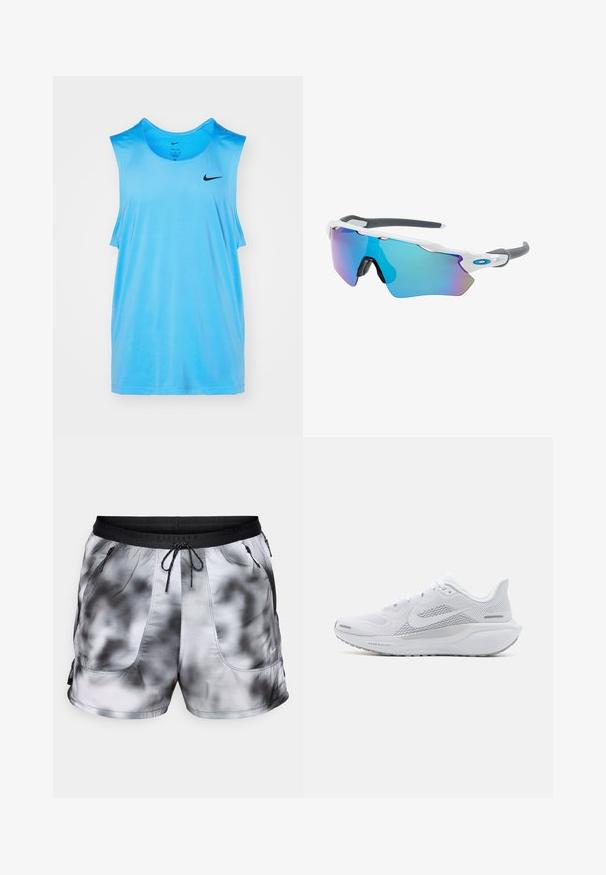 Top deportivo azul de tela transpirable, con cuello redondo y el logo negro de Nike en la parte superior izquierda.; Pantalones cortos deportivos para hombres en un patrón de teñido anudado en blanco y negro. Fabricados con un tejido ligero y transpirable, cuentan con dos bolsillos con cremallera y una cintura con cordón.; Zapatilla deportiva blanca con parte superior de malla, sobrecapas de textura suave, acentos en gris, cordones y una suela acolchada diseñada para el rendimiento.; Gafas de sol con montura blanca, detalles grises y lentes espejados azules. Diseño deportivo, forma envolvente y almohadillas para la nariz ajustables.