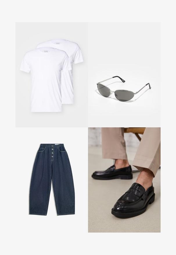 To hvide bomulds t-shirts med korte ærmer, rund halsudskæring og Lee-branding på mærkerne. Glat tekstur, klassisk pasform, ingen yderligere mønstre.; Mørkeblå denim bukser med brede ben og høj talje, fem knaplukninger og fem lommer. Har stikninger som accent på sømmene.; Sorte lædermokkasiner med en glat overflade, der har en dekorativ rem og kontraststing, parret med beige bukser.; Solsikker med en slank, sølvmetalramme, gråtonede linser og et aerodynamisk design med spidse kanter og tynde arme.