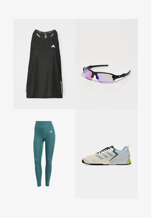 Czarny bezrękawnik sportowy z okrągłym dekoltem. Zawiera białe logo oraz trzy białe paski po bokach; wykonany z oddychającego materiału.; Legginsy w kolorze turkusowym, z wysokim stanem, wykonane z gładkiego, elastycznego materiału, z białym logo na lewym udzie oraz dopasowanym krojem.; Lekkie buty sportowe z kremową siateczką, szarymi paskami, zielonym akcentem i teksturowanym niebieskim zapiętkiem. Czarne sznurówki.; Czarne sportowe okulary przeciwsłoneczne z błyszczącym wykończeniem, soczewkami z purpurowym lustrzanym zabarwieniem oraz zaokrąglonymi czarnymi zausznikami. Posiadają logo na oprawie.