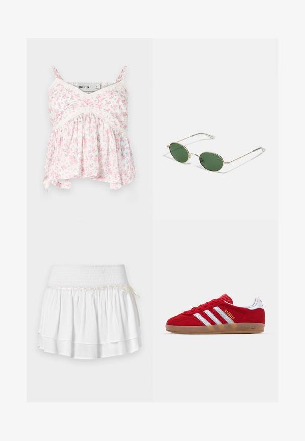 Blomster tanktop med hvid baggrund og pink og grønne blomster, blonde detaljer, en tætsiddende overdel og en løs, svævende bundkant.; Hvid tiered nederdel med elastisk talje, der har en tekstureret smocking-detalje og en dekorativ båndaccent. Lavet af bomuldsstof.; Rød ruskinds sneakers med hvidt tre-stribedesign og guld "Gazelle" tekst. Har en gummisål og en tekstureret hæl.; Guldindfattede solbriller med grønne ovale glas og fine metalarme. Har klare plastikhætter på armene for komfort.; Vævet stråkurv med brune læderdetaljer, to håndtag og en aftagelig rem. Buet form med en robust bund.