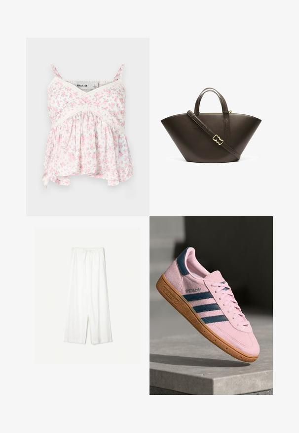 Floral Top mit weißem Hintergrund und pinken sowie grünen Blumen, Spitzendetails, figurbetontem Oberteil und einem lockeren, fließenden Saum.; Weiße weit geschnittene Hose mit einem Kordelzugbund, vor einem einfarbigen Hintergrund präsentiert, was ihren lässigen Stil und die Textur des Stoffes betont.; Hellrosa Wildleder-Sneaker mit navyblauen drei Streifen, Gummisohle und hellrosa Schnürsenkeln. Mit "SPEZIAL"-Branding an der Seite.; Braune Leder-Umhängetasche mit einer einzigartigen, kantigen Form. Verfügt über doppelte Griffe und einen abnehmbaren Schultergurt, akzentuiert mit goldenen Beschlägen.