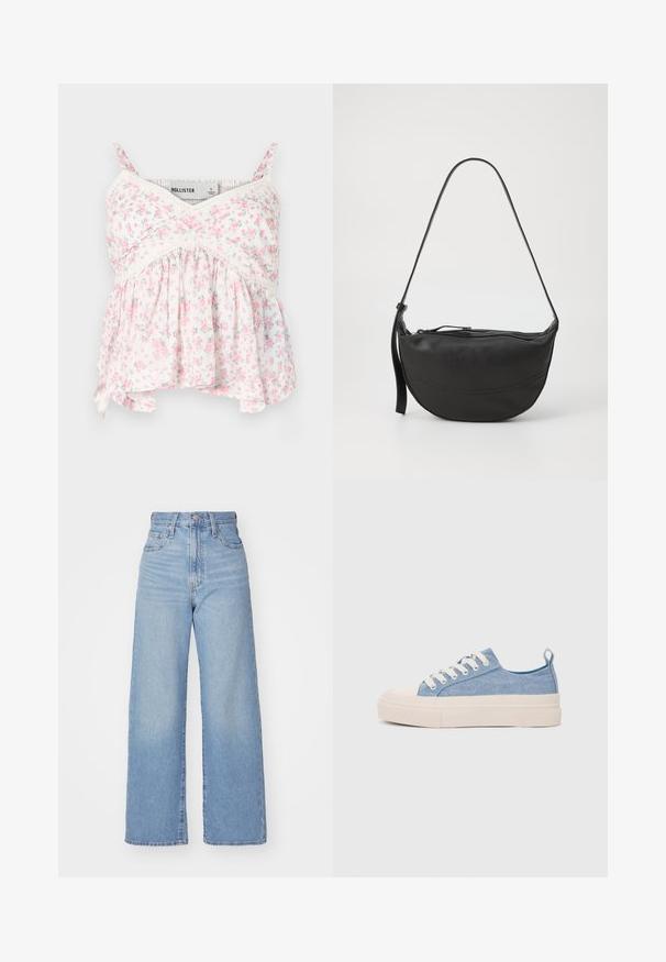 Blomstrete tanktopp med hvit bakgrunn og rosa og grønne blomster, blonder detaljer, tettsittende liv og en løs, flytende underkant.; Lys blå høytlivs vide jeans med knapp- og glidelås lukking foran, foran og bak lommer, på en hvit bakgrunn.; Lys blå canvastøfler med en kremfarget gummitupp og yttersåle, med hvite snørebånd og en løfteløkke på hælen.; Svart lær skulderveske med buet form, enkel stropp, glidelås-lukking, og diskret sømdetaljering langs kroppen.