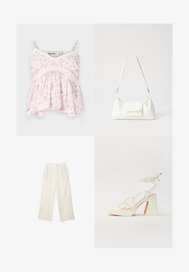 Floral tank top featuring a white background with pink and green flowers, lace accents, a fitted bodice, and a loose, flowing bottom hem.; Wide-leg trousers in cream fabric with a smooth texture, featuring a single front button, subtle pleats, and a high waist design.; White high-heeled sandal with a chunky heel, featuring a strappy design and ankle tie. Smooth texture with a platform front for added height.; White synthetic handbag with a triangular shape, flat front flap and bow detail, adjustable strap, smooth texture, and minimalistic design.