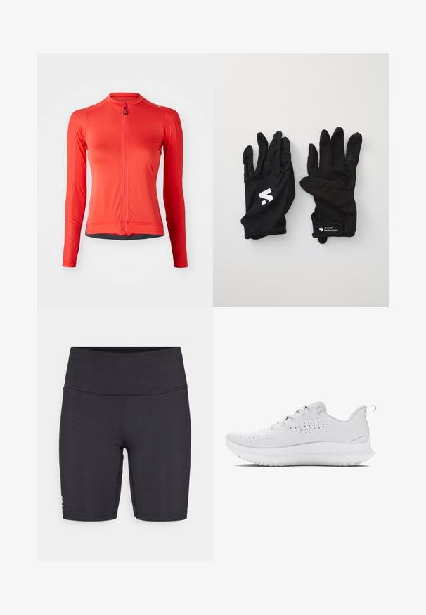 Dlouhý rukáv cyklistický dres v jasně červené barvě, s plným zipem, žebrovanou texturou a černými akcenty na lemech. Lehký, atletický střih.; Černé sportovní kraťasy vyrobené z elastického materiálu, s vysokým pasem a detaily plochého švu. Navrženy pro pohodlí a pohyblivost.; Světlé šedé sportovní boty s texturovaným svrškem, perforacemi pro prodyšnost a gumovou podrážkou s výrazným vzorem.; Černé rukavice s texturovaným úchopem. Vyrobené z prodyšné látky, s perforovanými detaily a bílým logem. Zahrnuje nastavitelný zápěstní popruh.