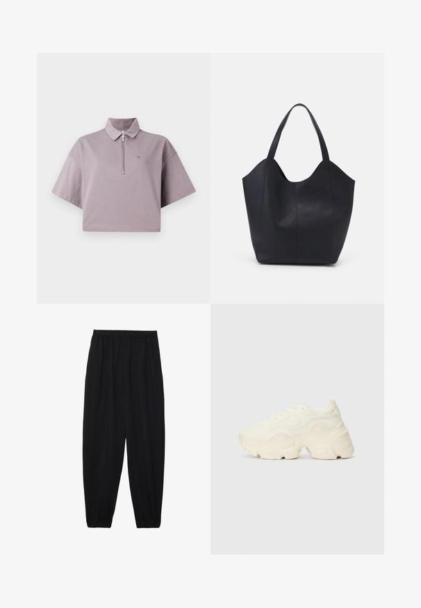 Izgriezts polo krekls gaiši lavandas krāsā, no mīksta kokvilnas auduma, ar rāvējslēdzēja priekšpusi, īsām piedurknēm un neuzkrītošu izšūtu logo.; Melnas, vieglas bikses ar elastīgu jostu un savilktiem potītiem. Audums ir gluds un to raksturo brīva, sašaurināta forma.; Masīvi balti sportisti, kas izgatavoti no strukturēta sieta un sintētiskajiem materiāliem, ar biezu zoli un sarežģītām rakstu detaļām gar sāniem.; Melnas rokassomas, kas izgatavota no gludas ādas, ar izliekto atvērto augšu, divām plecu jostām un minimālistisku dizainu.