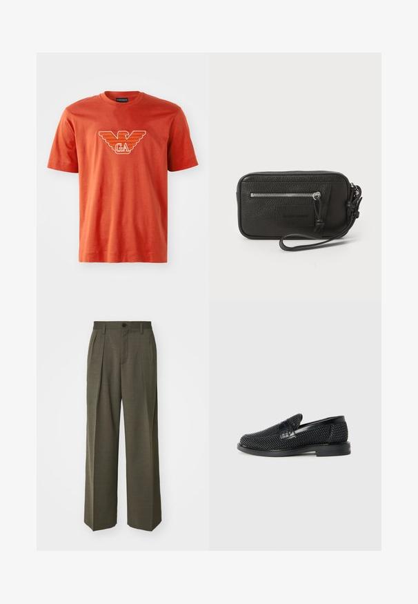 Raudona medvilninė marškinėliai su ryškiu erelio logotipu ir balta bei oranžine siuvinėjimu "GA" ant krūtinės. Trumpomis rankovėmis, apvaliu kaklu.; Filippa K WIDE TROUSERS - Kelnės - driftwood; Juodas pintas slip-on tipo batelis su lygiu odiniu akcentu viršuje, apvalios nosies dizainas ir žemas guminis padas.; Juodas odinis delninukas su tekstūruotu paviršiumi, priekinė užtrauktuko kišenė ir nuimama riešo juosta. Priekyje yra logotipo etiketas. Stačiakampio formos.