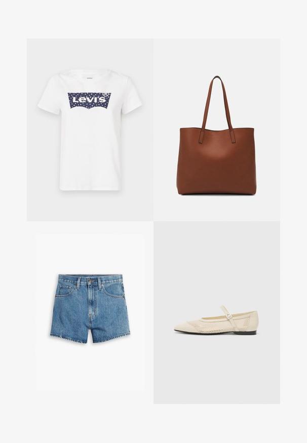Tricou alb din bumbac, cu un logo Levi's cu buline albastre în centru. Guler clasic tip crew și mâneci scurte.; Șorturi din denim de culoare albastră deschisă, cu cinci buzunare, fermoar și închidere cu bătaie. Marginile sunt desfăcute, având un design confortabil.; Balerini bej cu vârf ascuțit, cu un design din plasă, și o curea cu cataramă laterală. Talpă plată cu o textură netedă.; Geantă de umăr din piele maro cu o textură netedă, design cu vârf deschis și două curele pentru umăr. Prezintă cusături minime și fără componente metalice vizibile.