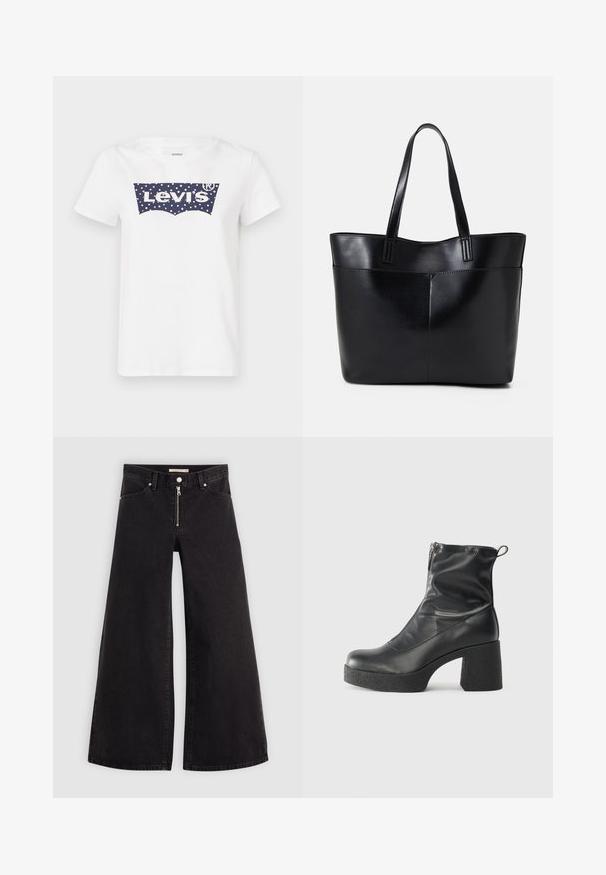 Balta medvilnės marškinėliai su mėlynomis taškeliais dekoruotu Levi's logotipu centre. Klasikinis apvalus kaklas ir trumpomis rankovėmis.; Plačios kojų džinsai iš juodo džinsinio audinio su užtrauktuku priekyje, penkių kišenių dizainu ir subtiliais siuvinėjimo akcentais. Lygus paviršius ir laisvalaikio stilius.; Juodos kulkšninių botai, pagaminti iš lygaus odos, su šoniniu užtrauktuku, masyviu tekstūruotu kulnu ir apvaliu pirštu.; Juoda odinė rankinė su dviem ilgais diržais, lygiu paviršiumi ir struktūrizuota forma. Yra priekinė kišenė papildomam saugojimui.