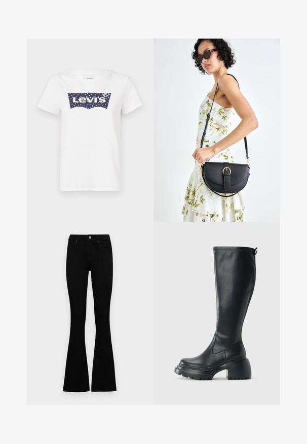 White cotton t-shirt featuring a blue polka-dotted Levi's logo in the center. Classic crew neck and short sleeves.; Black high-waist jeans with a button and zip closure, front pockets, and flared legs laid flat on a white background.; Tall black leather boot with chunky platform sole and block heel, featuring pull tab and textured tread on outsole.; Black leather handbag with a curved shape, detachable strap, and gold hardware. The bag features a flap with a buckle detail.