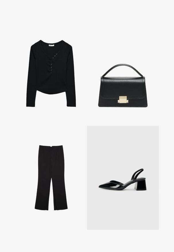 Haut noir à manches longues en tissu côtelé. Présente un décolleté en V et sept boutons noirs le long de l'avant, avec un ourlet arrondi.; Pantalon noir avec une coupe droite, doté de poches avant et d'éclairs sur l'ourlet. Fabriqué en tissu doux et lisse. Convient à diverses occasions.; Escarpins en cuir verni noir avec bout pointu et talon bloc géométrique. Présente un design élégant et minimaliste ainsi qu'une texture lisse.; Sac à main en cuir noir au design structuré, avec une poignée supérieure et un détail de fermoir en métal doré à l'avant. Texture lisse, couture minimale.