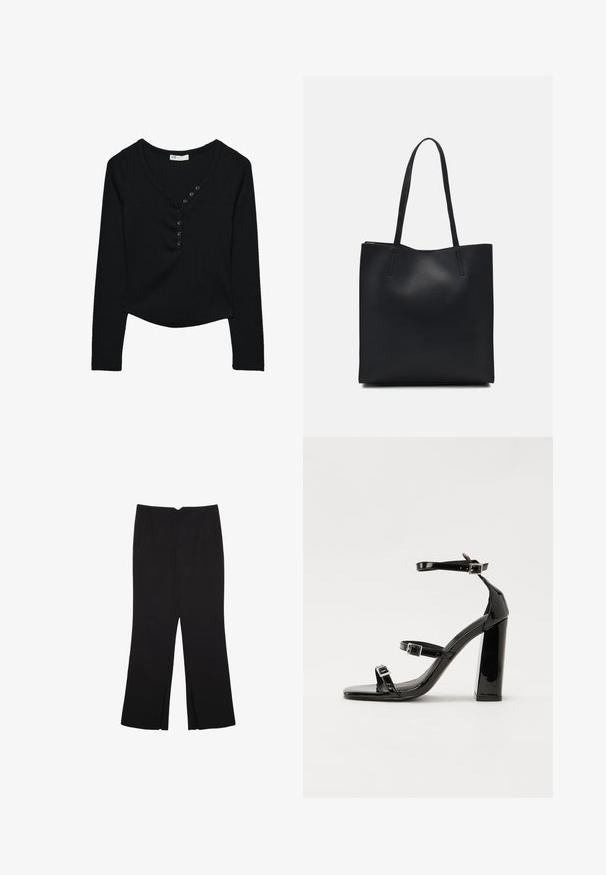 Maglietta nera a maniche lunghe realizzata in tessuto a coste. Presenta un collo a V e sette bottoni neri sul davanti, con un orlo curvo.; Pantaloni neri a gamba dritta, con tasche frontali e spacchi laterali all'orlo. Realizzati in tessuto morbido e liscio. Adatti a diverse occasioni.; Sandali con tacco alto in vernice nera con due cinturini con fibbia, punta quadrata e tacco spesso a blocco, caratterizzati da una texture liscia e lucida.; Borsa tote in pelle nera con texture liscia, forma rettangolare e due manici lunghi. Nessun hardware o decorazione visibile.