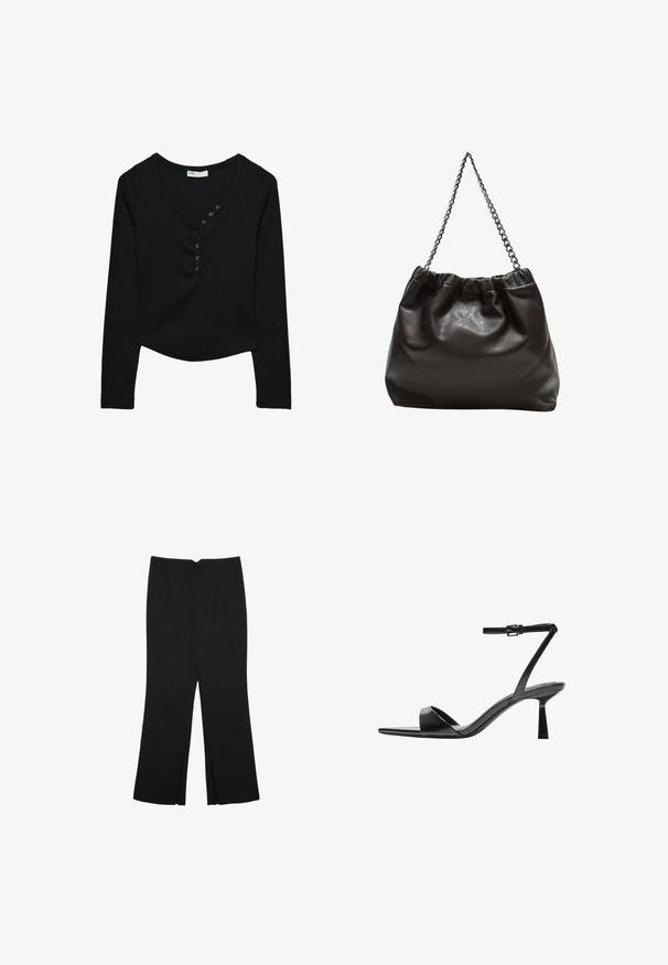 Czarny długi rękaw top wykonany z prążkowanej tkaniny. Posiada dekolt w kształcie litery V oraz siedem czarnych guzików na przodzie, z zaokrąglonym dołem.; Czarne spodnie o prostym kroju, z przednimi kieszeniami i bocznymi rozcięciami na dole. Wykonane z miękkiego, gładkiego materiału. Odpowiednie na różne okazje.; Bershka - Sandały na obcasie; Brązowa skórzana torba z marszczonym szczytem i łańcuszkowym paskiem. Gładka tekstura z błyszczącym wykończeniem i subtelnymi detalami szwów po bokach.