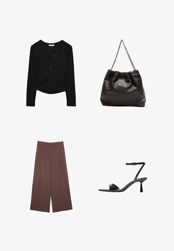 Czarny długi rękaw top wykonany z prążkowanej tkaniny. Posiada dekolt w kształcie litery V oraz siedem czarnych guzików na przodzie, z zaokrąglonym dołem.; Brązowe spodnie o szerokich nogawkach z gładką fakturą, z wysokim stanem i plisami z przodu. Materiał jest lekki i luźno opada.; Bershka - Sandały na obcasie; Brązowa skórzana torba z marszczonym szczytem i łańcuszkowym paskiem. Gładka tekstura z błyszczącym wykończeniem i subtelnymi detalami szwów po bokach.