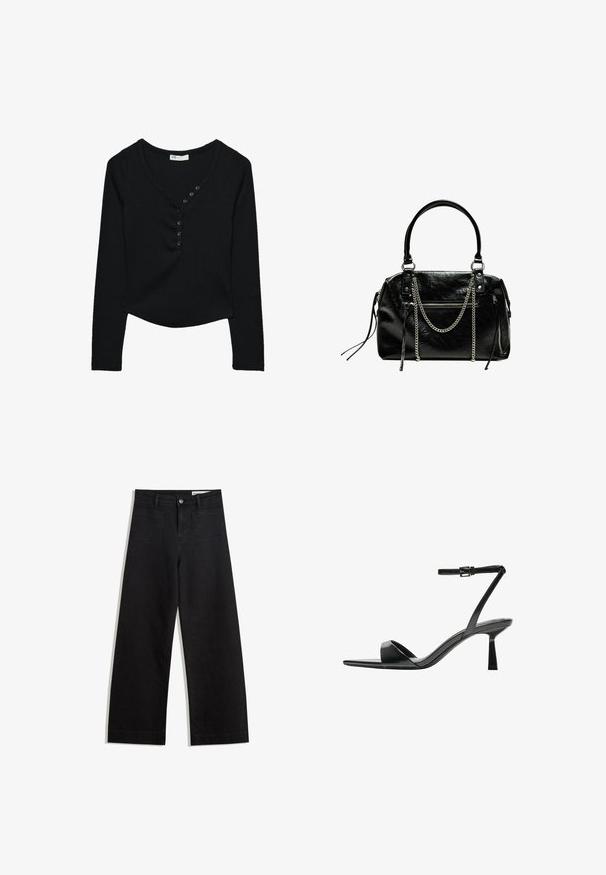 Svart långärmad topp i ribbat tyg. Har en V-ringning och sju svarta knappar fram, samt en böjd nederkant.; Svarta vida denimbyxor med hög midja, med fram- och bakfickor, sydda sömmar och knappstängning. Slät textur.; Bershka Sandaletter - black; Bershka WITH CHAIN - Handväska - black