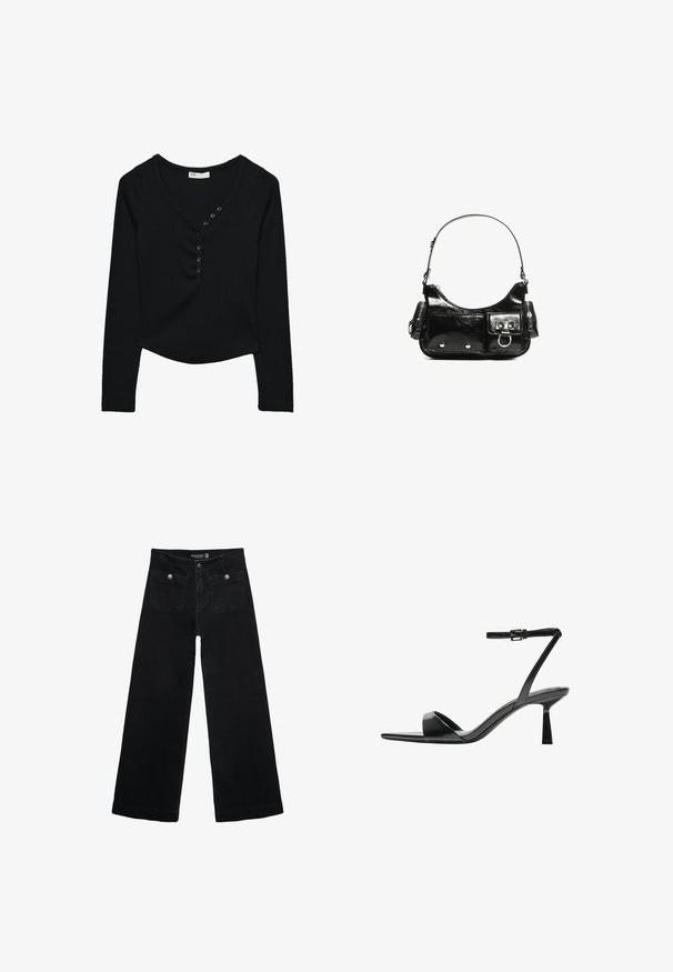 Svart långärmad topp i ribbat tyg. Har en V-ringning och sju svarta knappar fram, samt en böjd nederkant.; Svart vida jeans med hög midja, med två framfickor och metalldetaljer i form av knappar. Tyget har en mjuk textur.; Bershka Sandaletter - black; Svart lackläderhandväska med en rundad form, en axelrem, framfickor och detaljer i silverfärg.