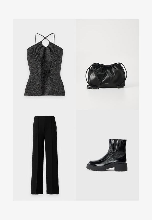 Black sleeveless top with a keyhole neckline, featuring crisscrossed straps and a ribbed texture, enhanced with metallic thread for shimmer.; Black high-waist wide-leg trousers with front creases, displayed against a plain white background.; Black ankle boots with a glossy patent leather finish, chunky black rubber sole, and raised heel; includes subtle logo detail on the side.; Black leather handbag with gathered design, dual drawstring closure, and detachable shoulder strap. Features metallic logo detail.
