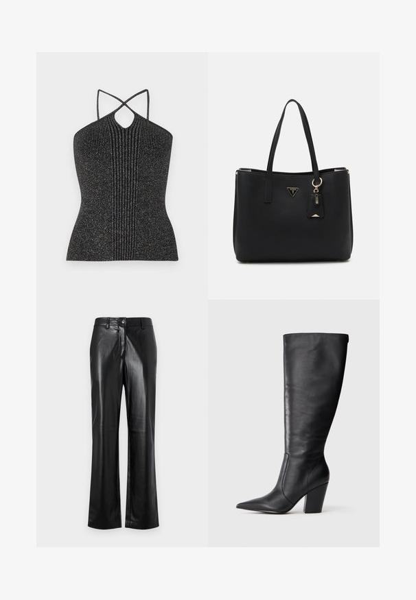 Mustat ilmanhihaiset yläosat, joissa on avaimenreikäkaula-aukko, ristiin menevät hihnat ja ribbitekstuuria, joka on parannettu metallilangalla kiiltävän vaikutuksen saavuttamiseksi.; Mustat nahkahousut suoranlahkeisella muotoilulla, joissa on edessä nappikiinnitys, vyölenkit ja sileä, kiiltävä pinta.; Mustasirinnat mustat nahkasaappaat, joissa on terävä kärki ja paksu korkea korko, esitetty vasemman sivuprofiilin näkökulmasta valkoista taustaa vasten.; Musta olkalaukku, joka on valmistettu teksturoidusta synteettisestä materiaalista, jossa on kaksi kantokahvaa, kultainen logo-plaaketti ja pieni tagi, jossa on korostusyksityiskohta.