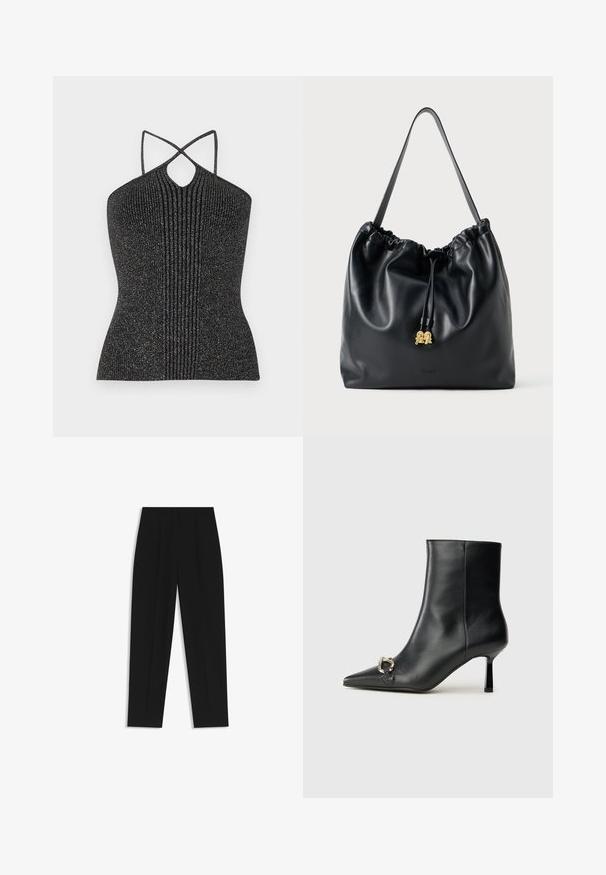 Black sleeveless top with a keyhole neckline, featuring crisscrossed straps and a ribbed texture, enhanced with metallic thread for shimmer.; Black trousers with a straight fit, featuring double pleats, a smooth texture, and a classic waistband design. No visible hardware or accents.; Black leather ankle boot with pointed toe, slim mid-height heel, and silver buckle detail on side against plain background.; Black leather drawstring bag with a smooth texture, gathered top, and subtle gold hardware. Features a single sturdy strap and embossed logo.