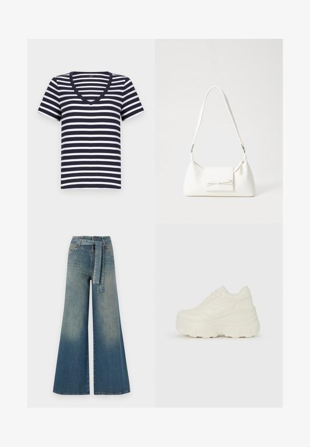T-shirt rayé bleu marine et blanc à manches courtes, avec un décolleté en v et en tissu coton doux. Coupé pour une coupe décontractée.; Pantalons en denim à jambe large présentant un dégradé de bleu clair à bleu foncé, taille haute, passants de ceinture et une ceinture en tissu assortie. Finition en denim texturé.; Baskets plateformes blanches avec une tige en simili cuir lisse, une forme arrondie, un col rembourré et une semelle en caoutchouc texturé avec des crampons définis.; Sac à main synthétique blanc en forme triangulaire, avec un rabat avant plat et un détail en nœud, une bandoulière ajustable, une texture lisse et un design minimaliste.