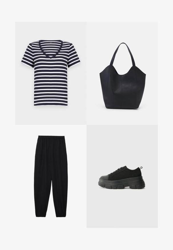 Navy and white striped t-shirt with short sleeves, a v-neckline, and a soft cotton fabric. Cut for a casual fit.; Black, lightweight pants with an elastic waistband and gathered ankles. The fabric is smooth and features a relaxed, tapered design.; Black sneakers with a chunky rubber sole, textured fabric upper, round toe, and lace-up design. Features reinforced eyelets and back pull tab.; Black tote bag made of smooth leather, featuring a curved, open top with two shoulder straps and a minimalist design.