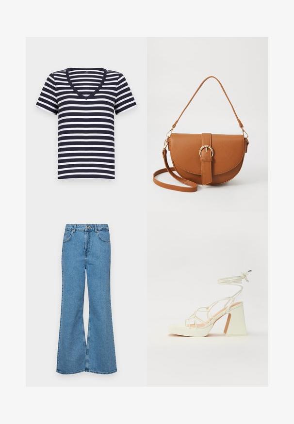 Niebiesko-białe koszulka w paski z krótkim rękawem, dekoltem w serek i miękkim bawełnianym materiałem. Skrojona na luźny fason.; Jasnoniebieskie dzwony z denimu, z wysokim stanem, pięcioma kieszeniami i zapięciem na jeden guzik. Miękka tekstura z wyblakłym wykończeniem.; Biała sandał na wysokim obcasie z masywnym słupkiem, z paskowym wzorem i wiązaniem przy kostce. Gładka faktura z platformą z przodu dla dodatkowej wysokości.; Brązowa skórzana torba na ramię o zaokrąglonym kształcie, ze złotymi akcentami i zapięciem w formie klamry. Posiada odpinany pasek na ramię.